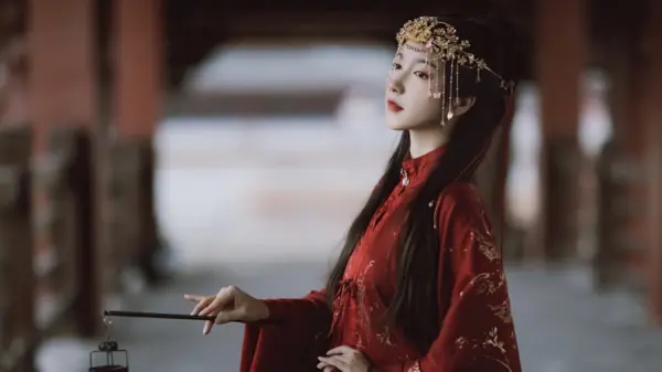 古风 红色 古装 5k 美女 金色头饰 12k美女壁纸 MACGF.COM - macGF