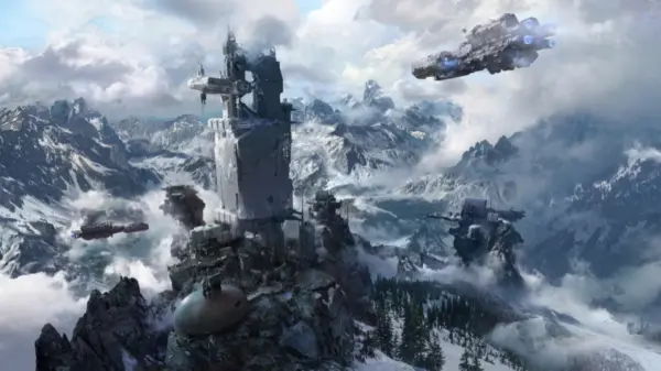 雪地 云 雾 飞舰 基地 12k动漫风景壁纸 MACGF.COM - macGF