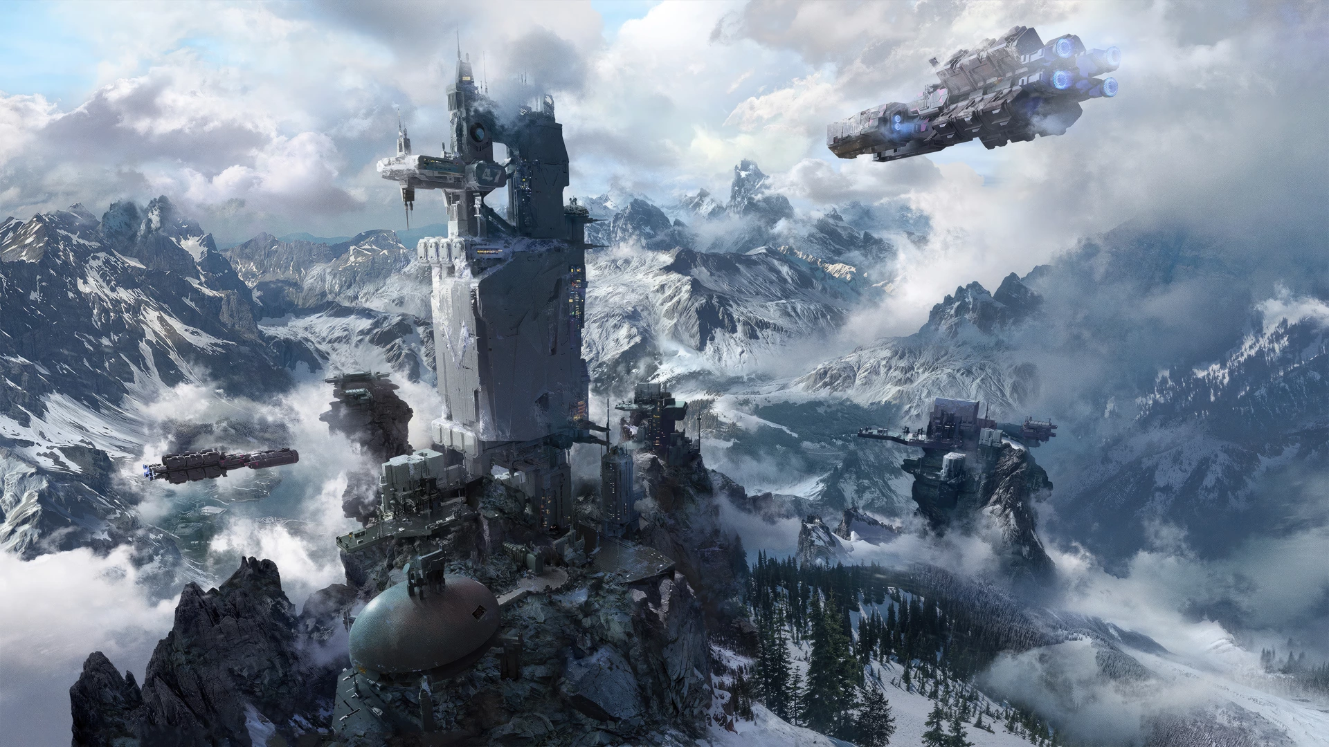 雪地 云 雾 飞舰 基地 12k动漫风景壁纸 MACGF.COM