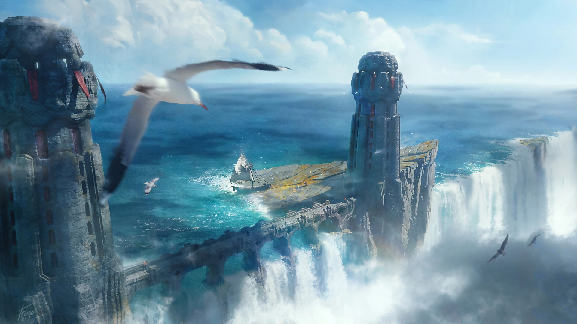 海洋 白鸥 船 高塔 12k动漫风景壁纸 MACGF.COM