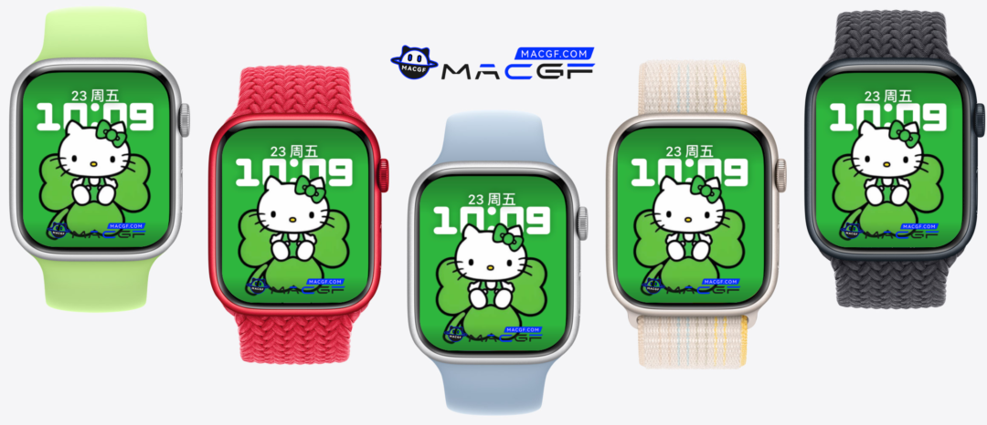 戴着绿色蝴蝶发夹 Hello Kitty 小猫咪 苹果 Apple Watch 景深人像表盘