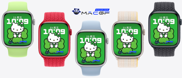 戴着绿色蝴蝶发夹 Hello Kitty 小猫咪 苹果 Apple Watch 景深人像表盘 - macGF