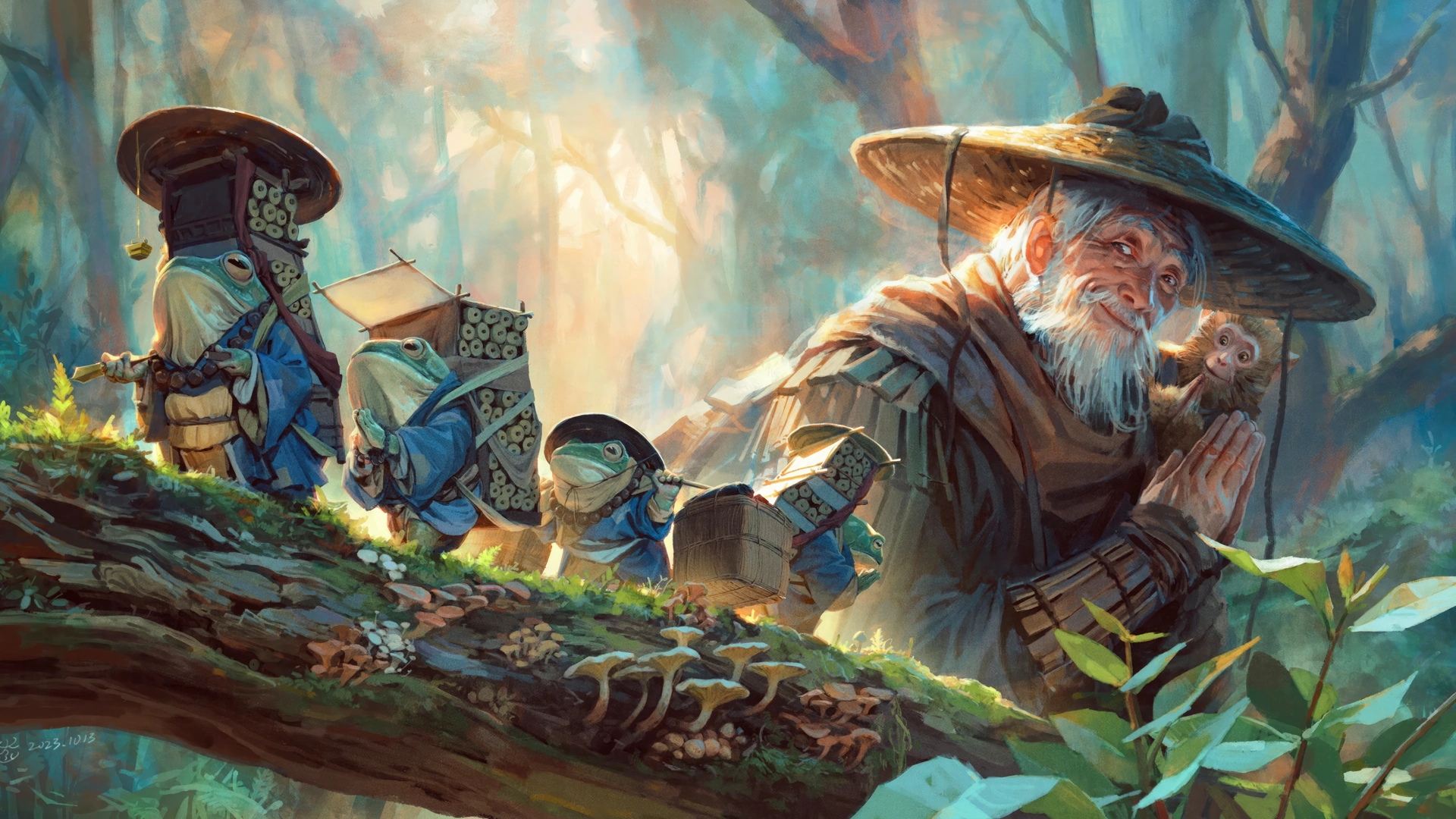 青蛙 老人 猴子 森林 双手合十 12k动漫壁纸