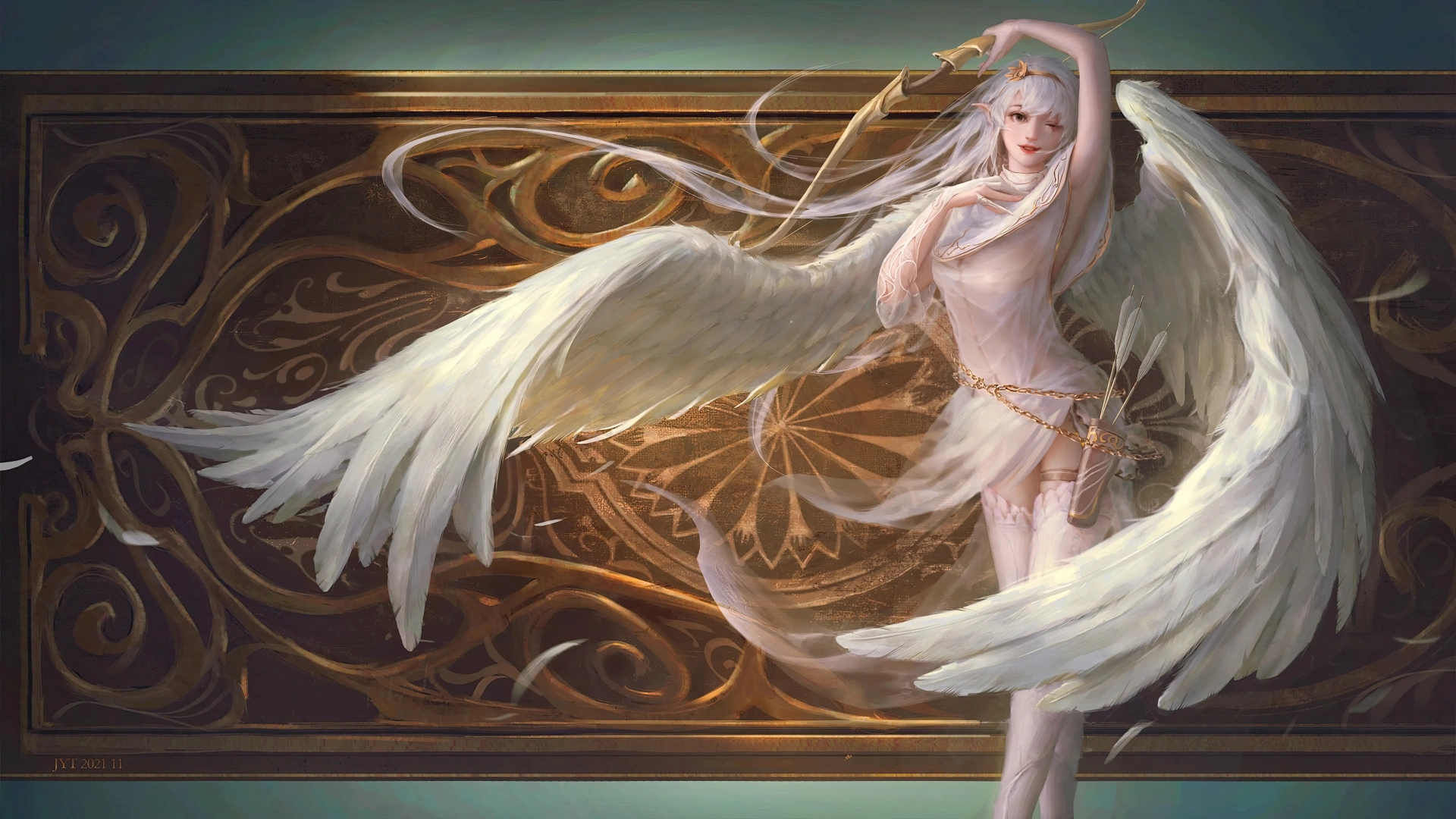 天使 白发 翅膀 弓箭 12k超清动漫壁纸