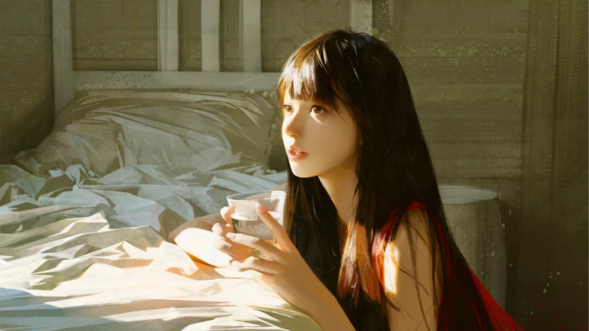 床铺 阳光 红衣女孩 水杯 厚涂 12k美女壁纸 - macGF