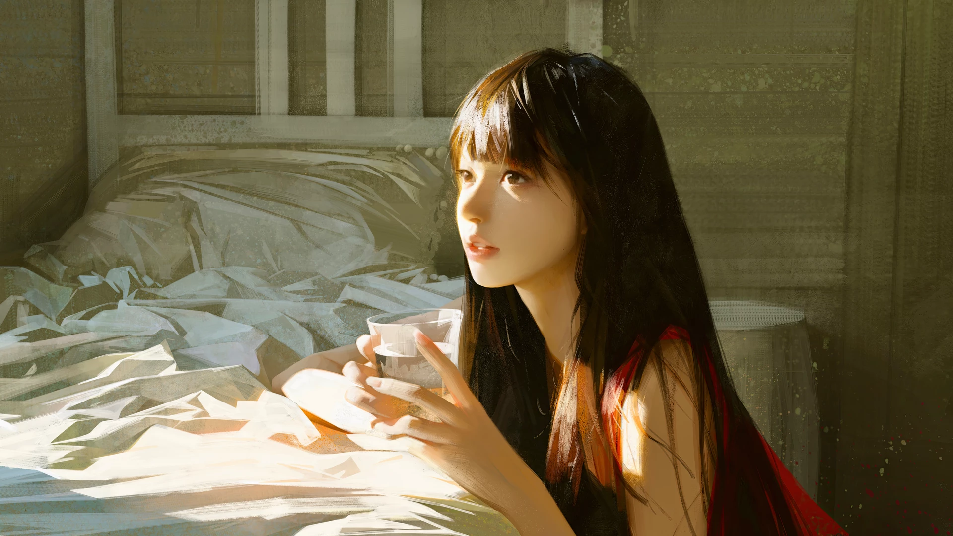 床铺 阳光 红衣女孩 水杯 厚涂 12k美女壁纸