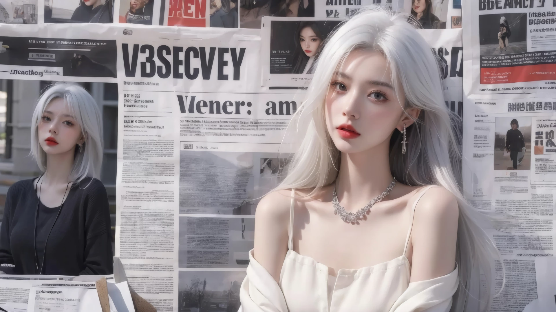 报纸墙 白发美女 12k美女动漫壁纸